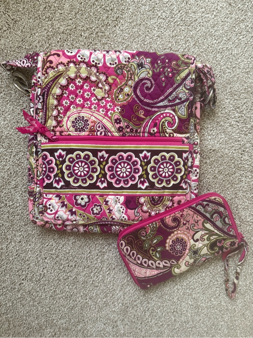 Vera Bradley Pink Paisley Quilted Crossbody with Matching Wristlet